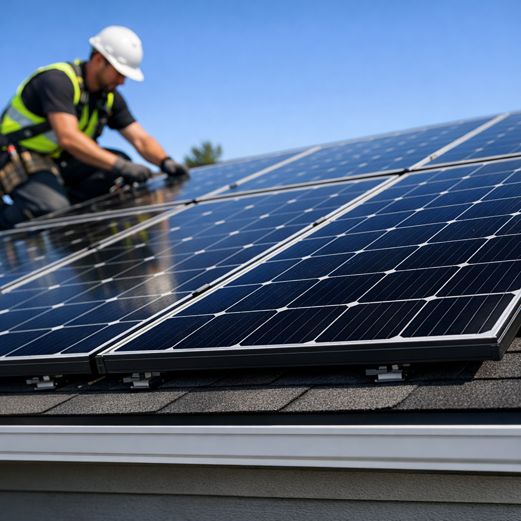 Montage von Photovoltaik-Modulen auf dem Dach – EMIX Solar